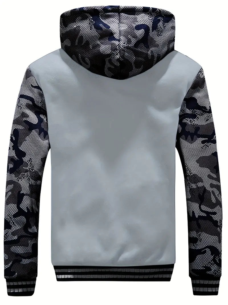 Men's Camo Hooded Jacket with Fleece - Windproof Winter Coat, Zippered Pockets & Full-Zip Closure for Hunting,
