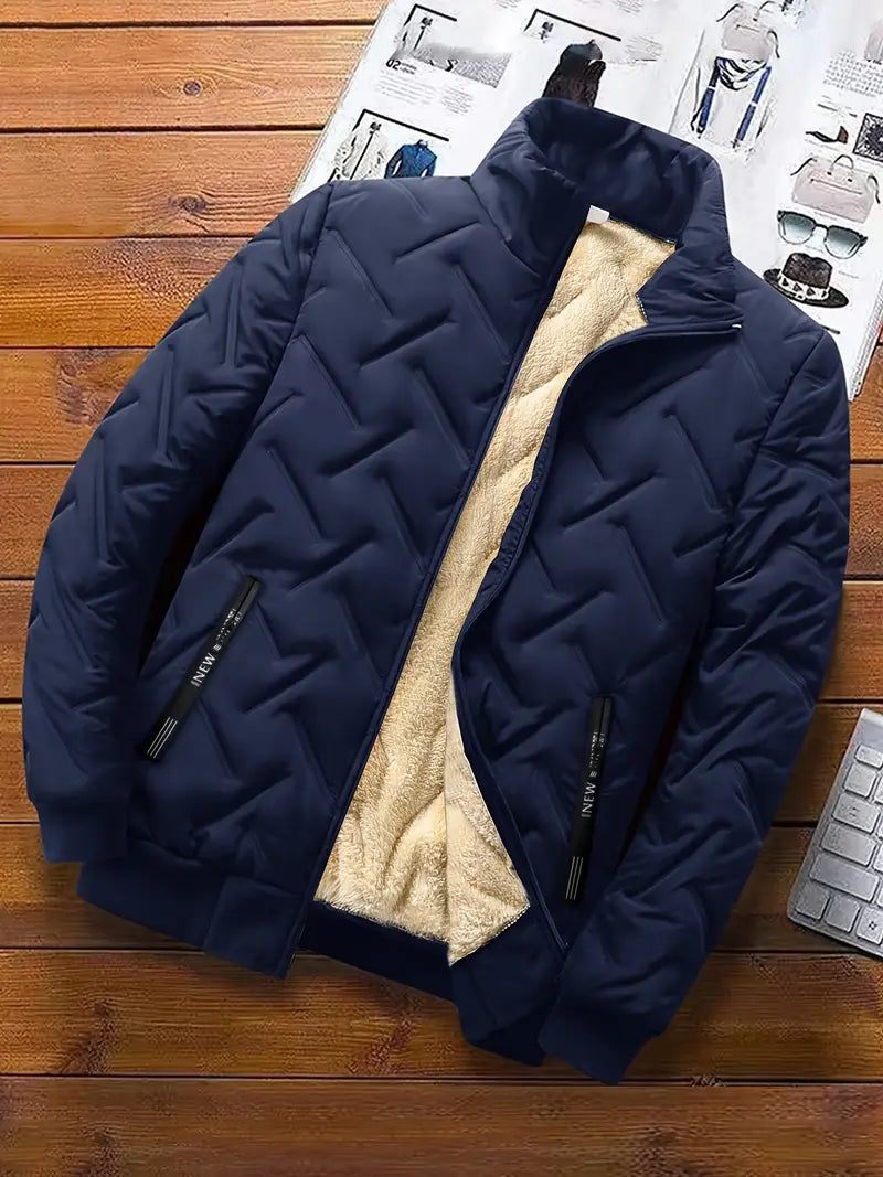 Men's Heavy-Duty Winter Jacket - Full-Zip Windproof Insulated Coat with Stand Collar