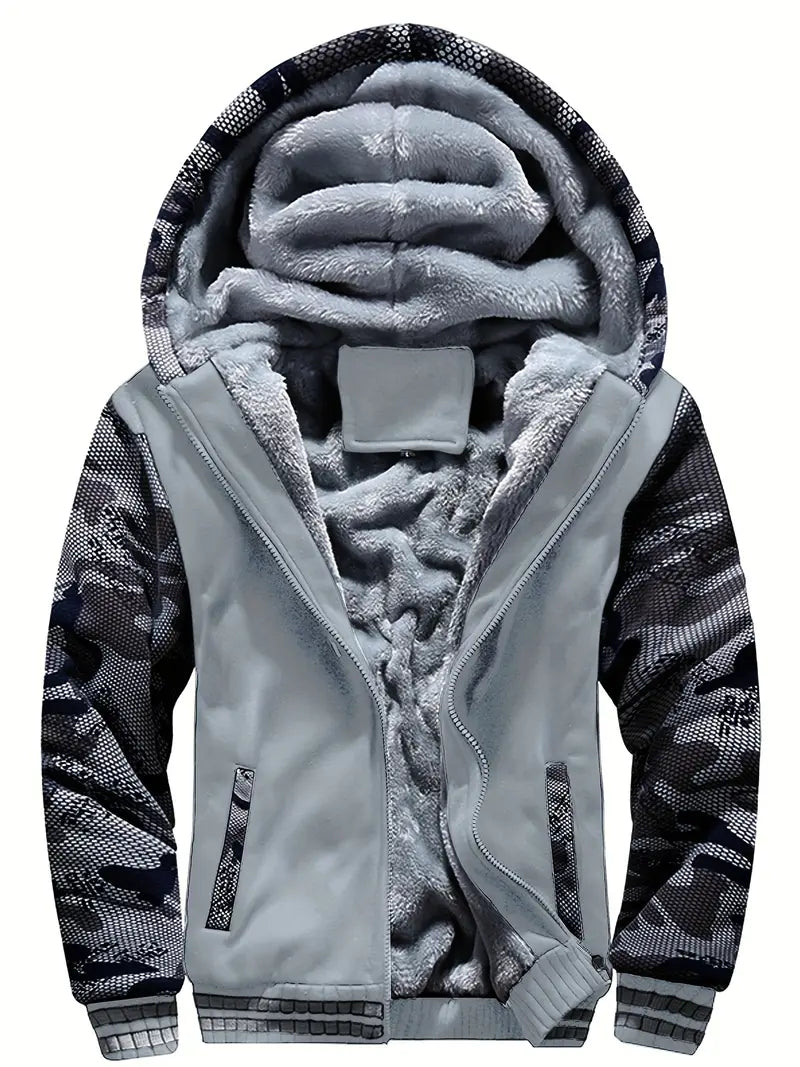 Men's Camo Hooded Jacket with Fleece - Windproof Winter Coat, Zippered Pockets & Full-Zip Closure for Hunting,