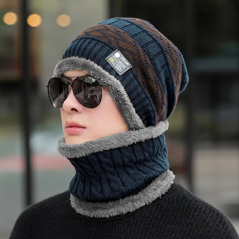 Winter Men'S Korean Style Trendy Knitted Beanie and Scarf Set,